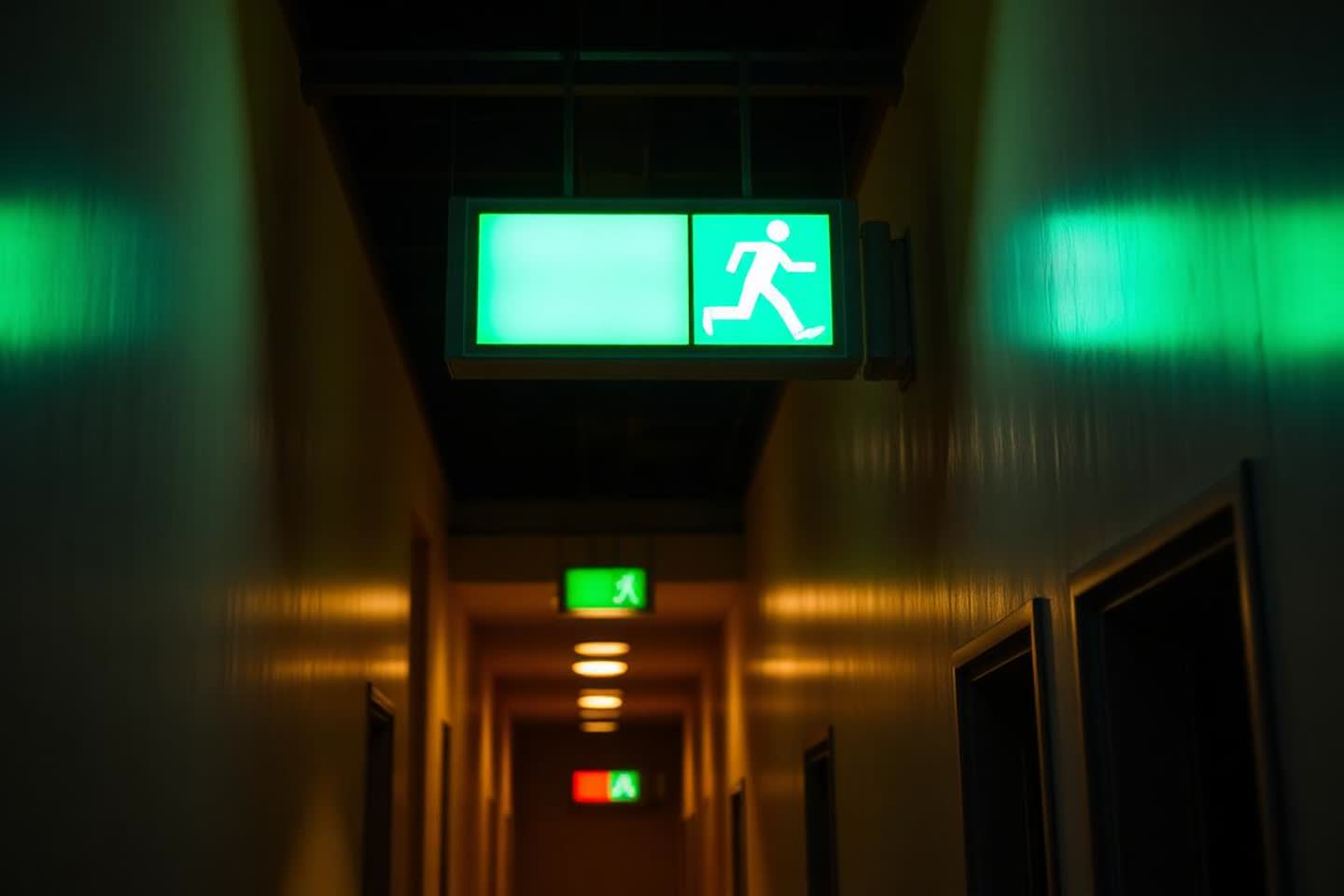 Illuminated exit sign above a clear means of egress corridor with push-bar exit door