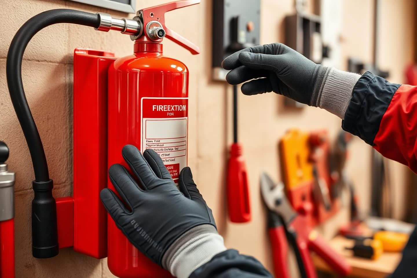 Inspection tools, gauges and a service tag laid out for fire safety equipment maintenance