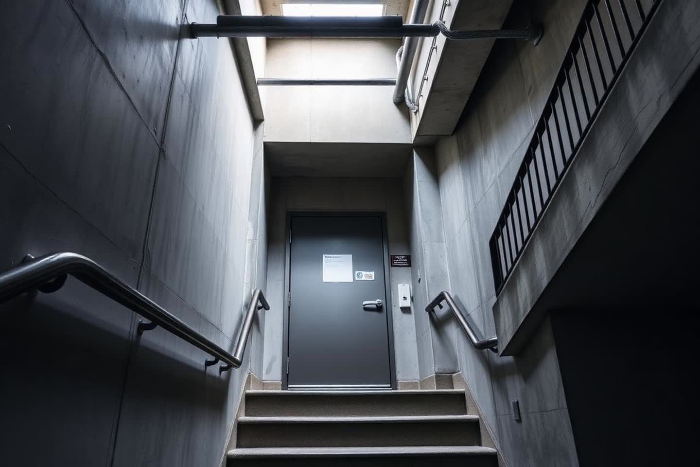 Concrete fire-rated stairwell and separation wall in a multi-unit building under inspection