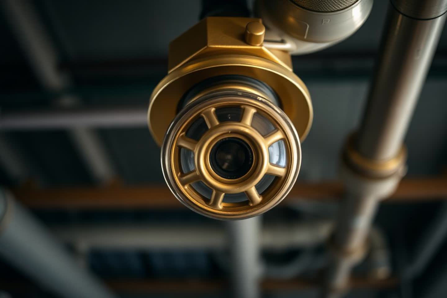 Ceiling-mounted fire sprinkler head and standpipe piping in a commercial ceiling space
