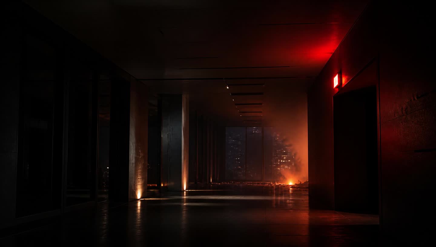 Dim commercial building corridor at night with a lit green emergency exit sign above a closed fire door